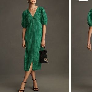 V-Neck Pleated Slim Midi Dress by Anthropologie